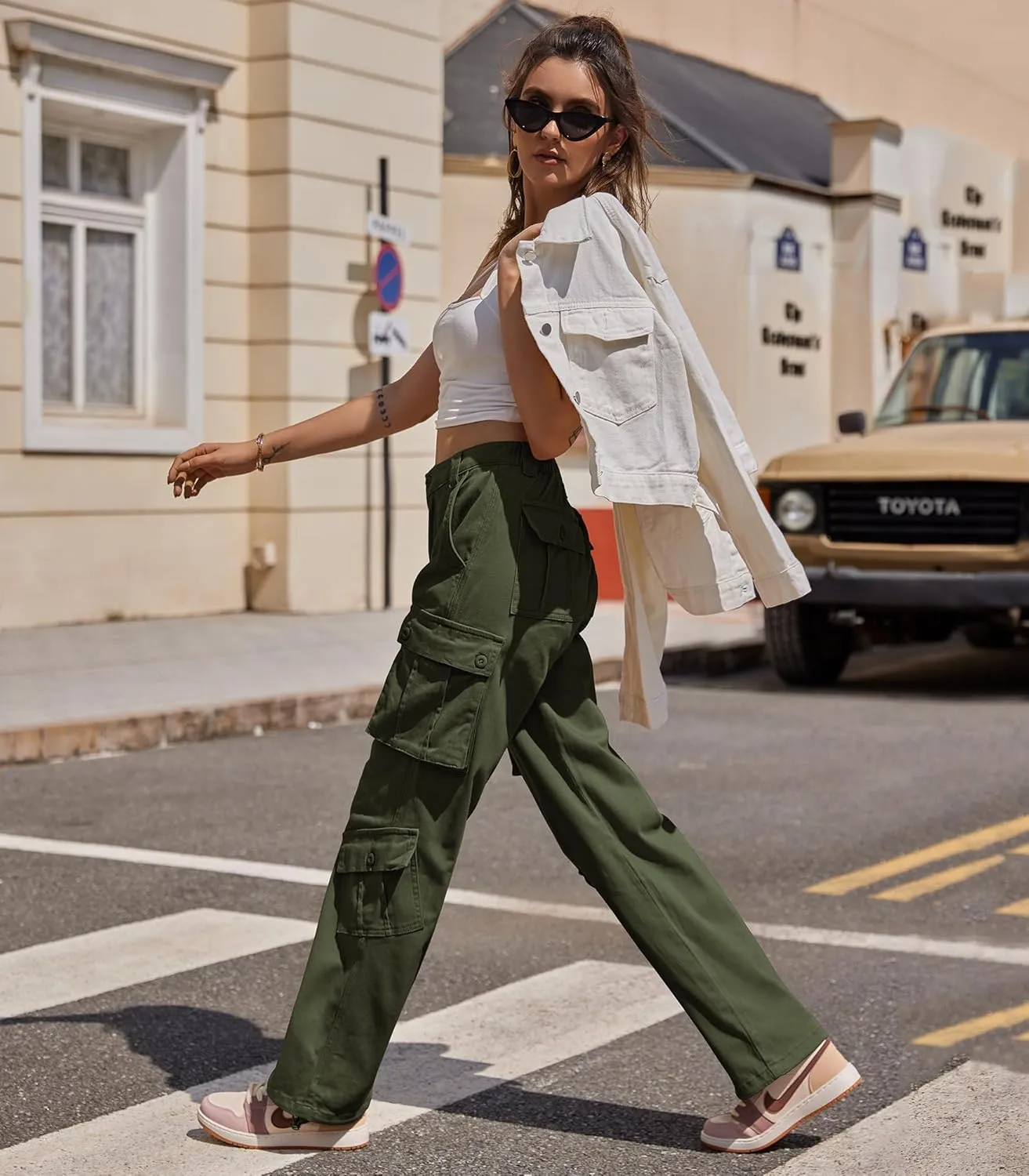 ZMPSIISA Women Pants High Waisted Cargo Pants Combat Military Wide Leg Casual Trousers 8 Pockets