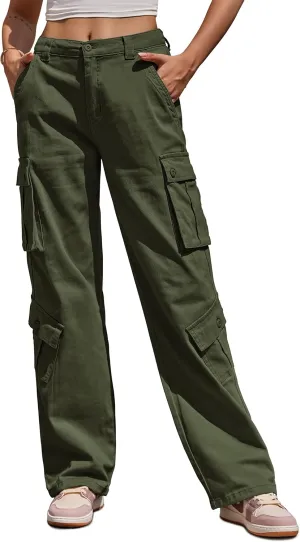 ZMPSIISA Women Pants High Waisted Cargo Pants Combat Military Wide Leg Casual Trousers 8 Pockets