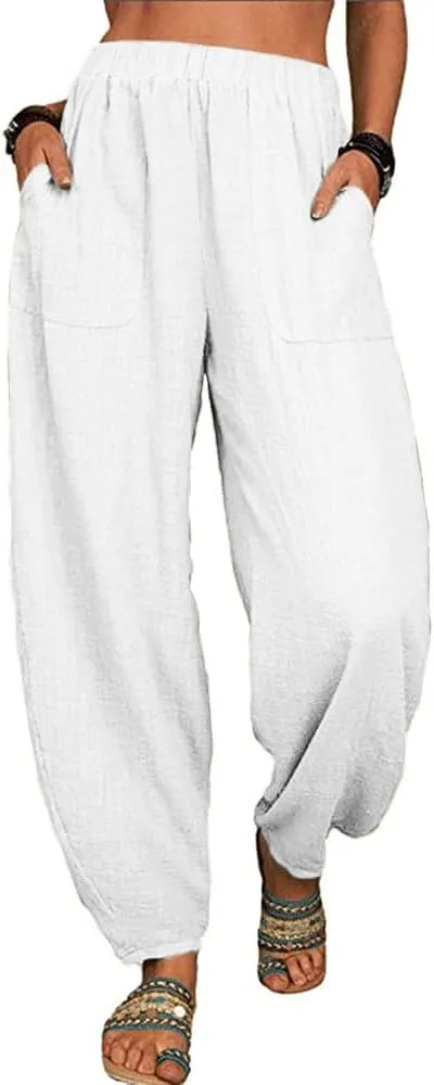 ZOCAVIA Women's Cotton Linen Harem Pants Casual Loose Fit Elastic High Waist Pants Lightweight Baggy Linen Wide Leg Trousers