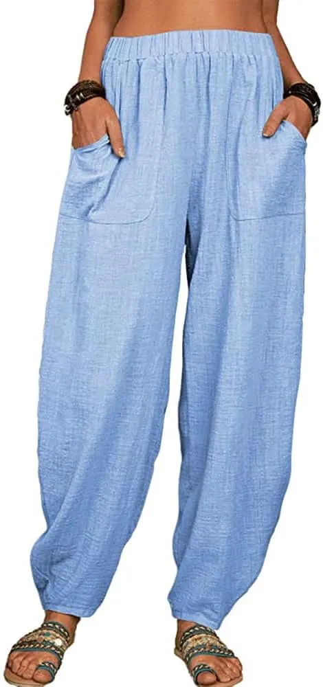 ZOCAVIA Women's Cotton Linen Harem Pants Casual Loose Fit Elastic High Waist Pants Lightweight Baggy Linen Wide Leg Trousers