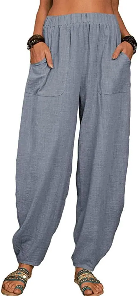 ZOCAVIA Women's Cotton Linen Harem Pants Casual Loose Fit Elastic High Waist Pants Lightweight Baggy Linen Wide Leg Trousers