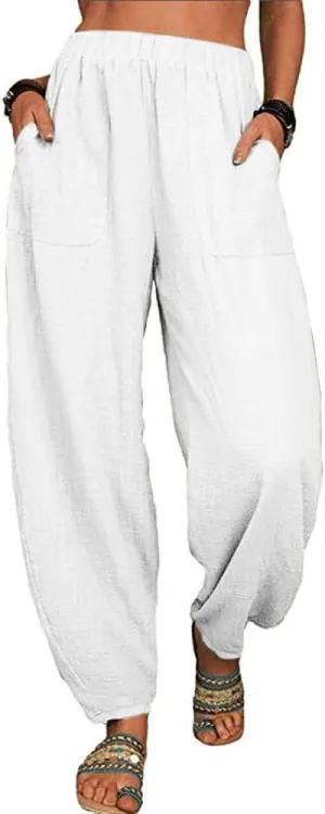 ZOCAVIA Women's Cotton Linen Harem Pants Casual Loose Fit Elastic High Waist Pants Lightweight Baggy Linen Wide Leg Trousers