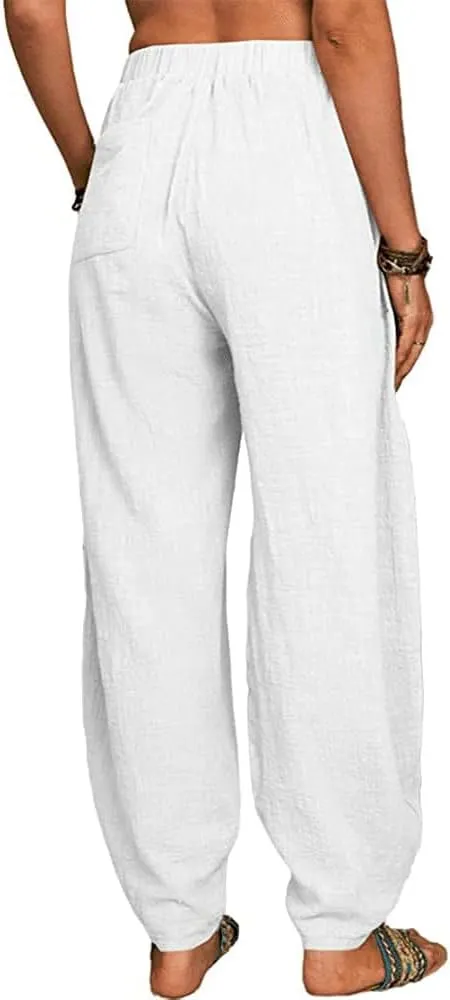 ZOCAVIA Women's Cotton Linen Harem Pants Casual Loose Fit Elastic High Waist Pants Lightweight Baggy Linen Wide Leg Trousers