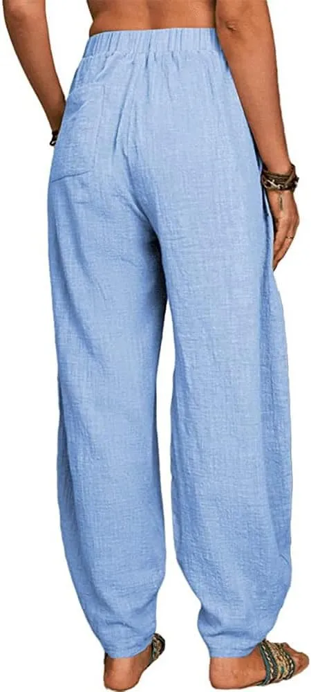 ZOCAVIA Women's Cotton Linen Harem Pants Casual Loose Fit Elastic High Waist Pants Lightweight Baggy Linen Wide Leg Trousers