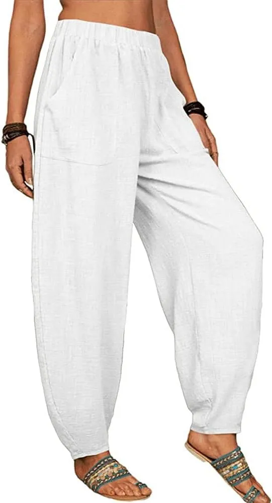 ZOCAVIA Women's Cotton Linen Harem Pants Casual Loose Fit Elastic High Waist Pants Lightweight Baggy Linen Wide Leg Trousers