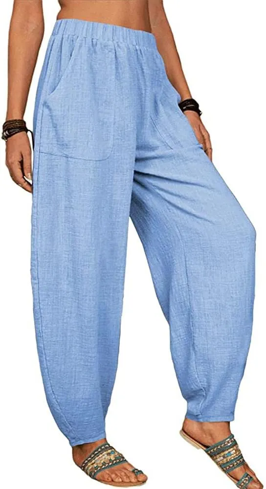 ZOCAVIA Women's Cotton Linen Harem Pants Casual Loose Fit Elastic High Waist Pants Lightweight Baggy Linen Wide Leg Trousers