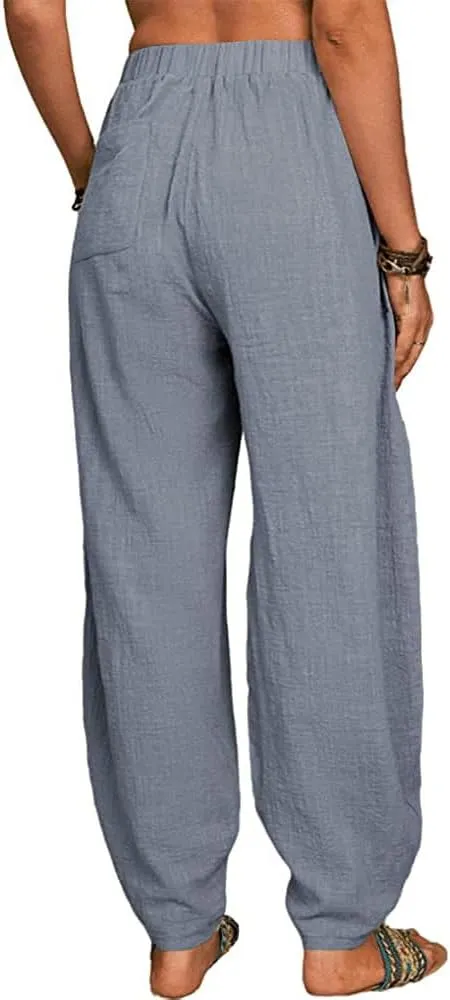 ZOCAVIA Women's Cotton Linen Harem Pants Casual Loose Fit Elastic High Waist Pants Lightweight Baggy Linen Wide Leg Trousers