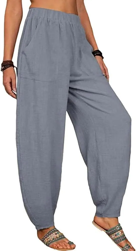 ZOCAVIA Women's Cotton Linen Harem Pants Casual Loose Fit Elastic High Waist Pants Lightweight Baggy Linen Wide Leg Trousers