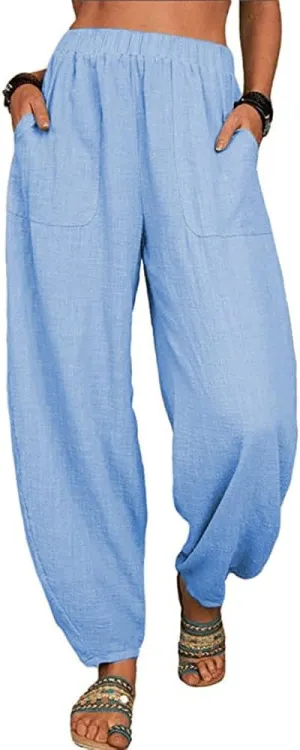 ZOCAVIA Women's Cotton Linen Harem Pants Casual Loose Fit Elastic High Waist Pants Lightweight Baggy Linen Wide Leg Trousers