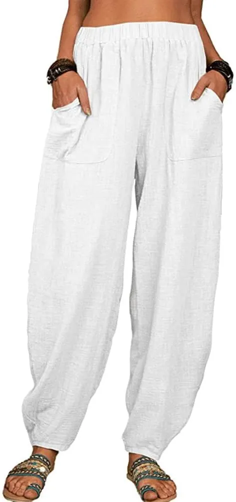 ZOCAVIA Women's Cotton Linen Harem Pants Casual Loose Fit Elastic High Waist Pants Lightweight Baggy Linen Wide Leg Trousers